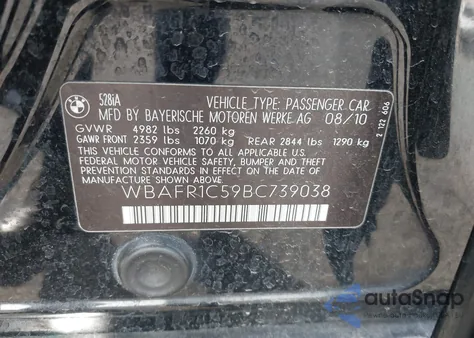 2011 BMW 528I from USA, damaged, VIN WBAFR1C59BC739038
